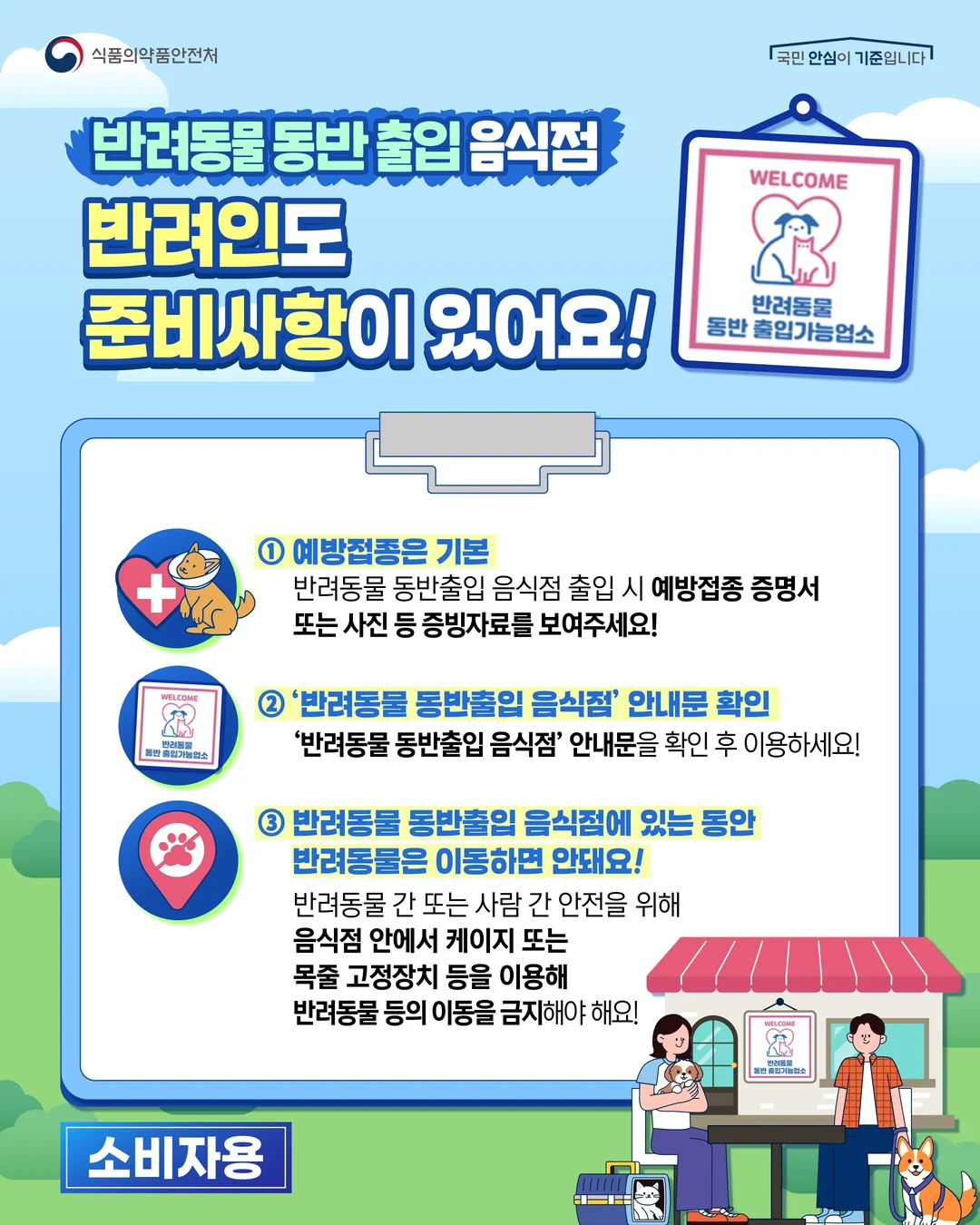 식품의약품안전처 포스터 — 반려동물 동반 출입 음식점, 반려인도 준비사항이 있어요: 예방접종 기본, 안내문 확인, 반려동물 이동 안 돼요